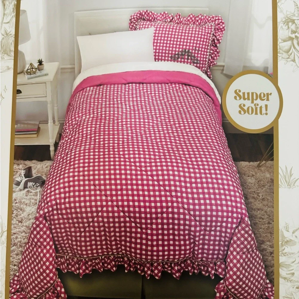 Katie Kime Wicked for Good Pink & White Gingham TWIN Size Comforter Set